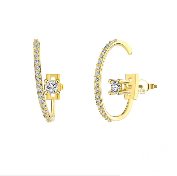 Asymmetrical C-Shape Zircon Earrings – sterling silver/14K Gold/Silver Plated